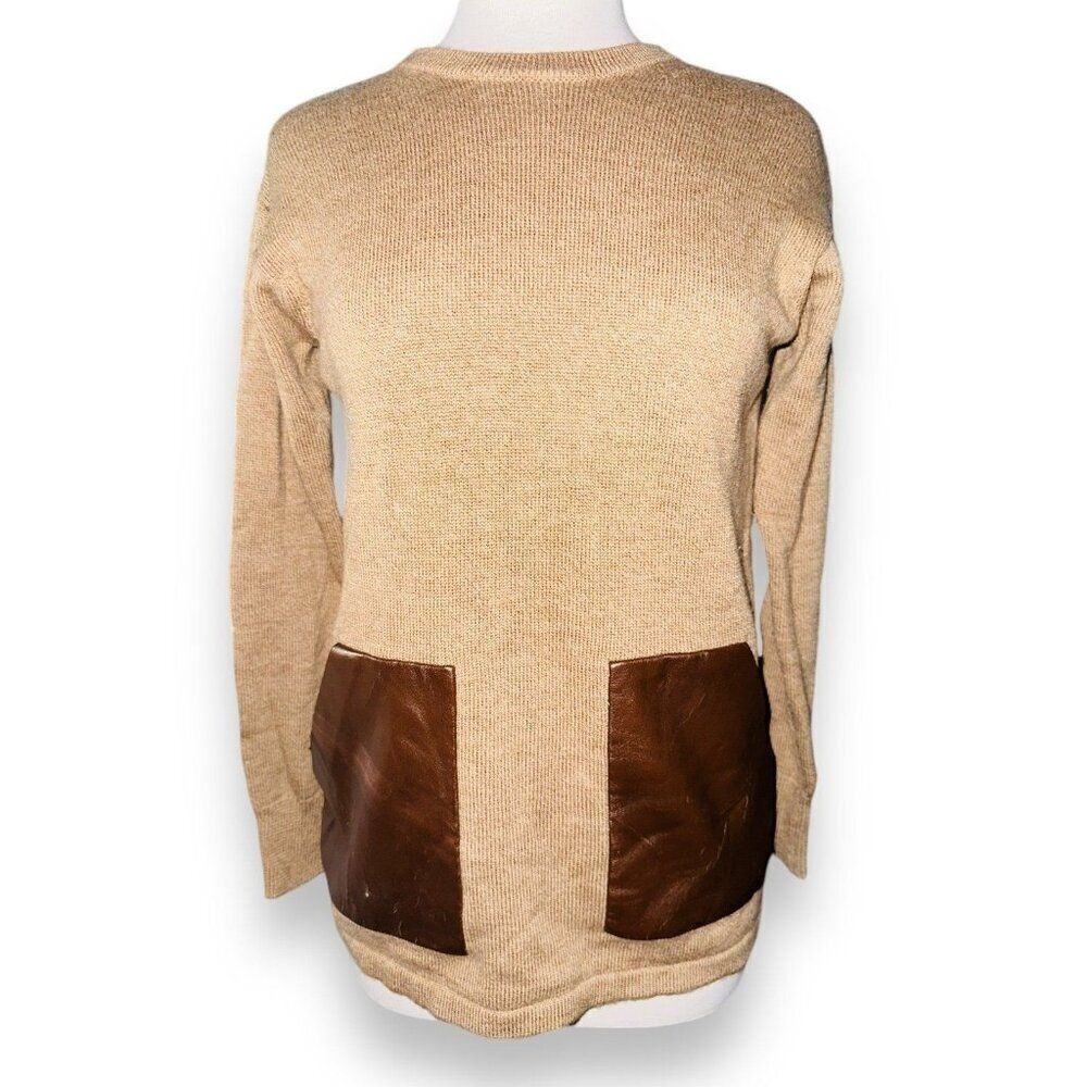 B1 J. Crew Merino Wool Faux Leather Pocket Tunic XS  Brown Swester Crewneck